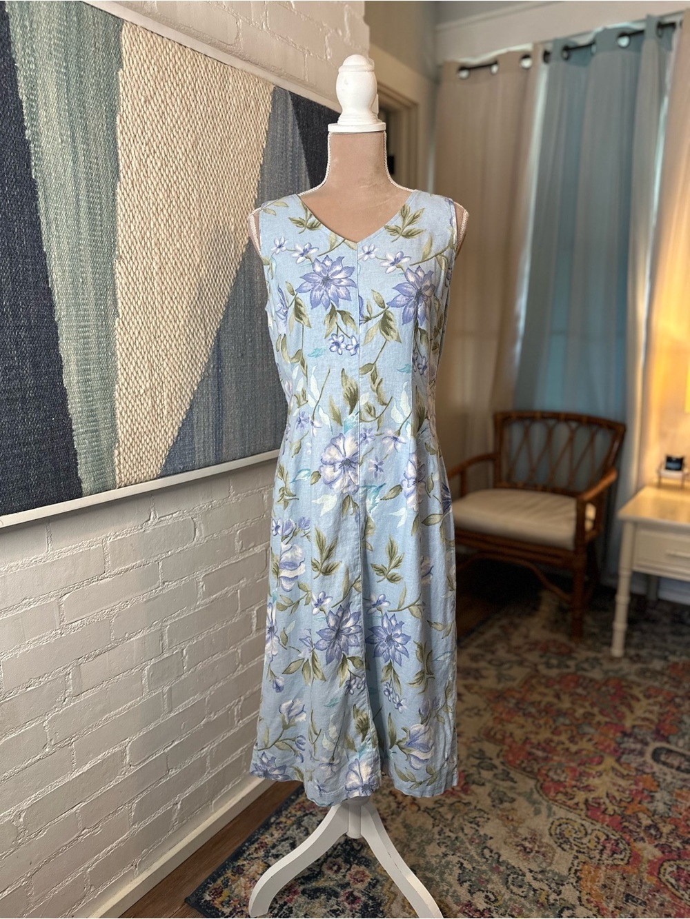Expressions Linen Blend Blue Floral 90s Sleeveless Midi Dress - Picture 6 of 11